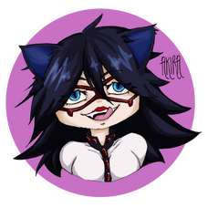 a chibi drawing of midnight with cat ears. she is wearing her hero outfit.