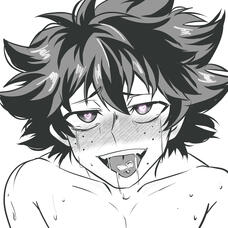 a drawing of midoriya looking up through his lashes and sticking out his tongue.